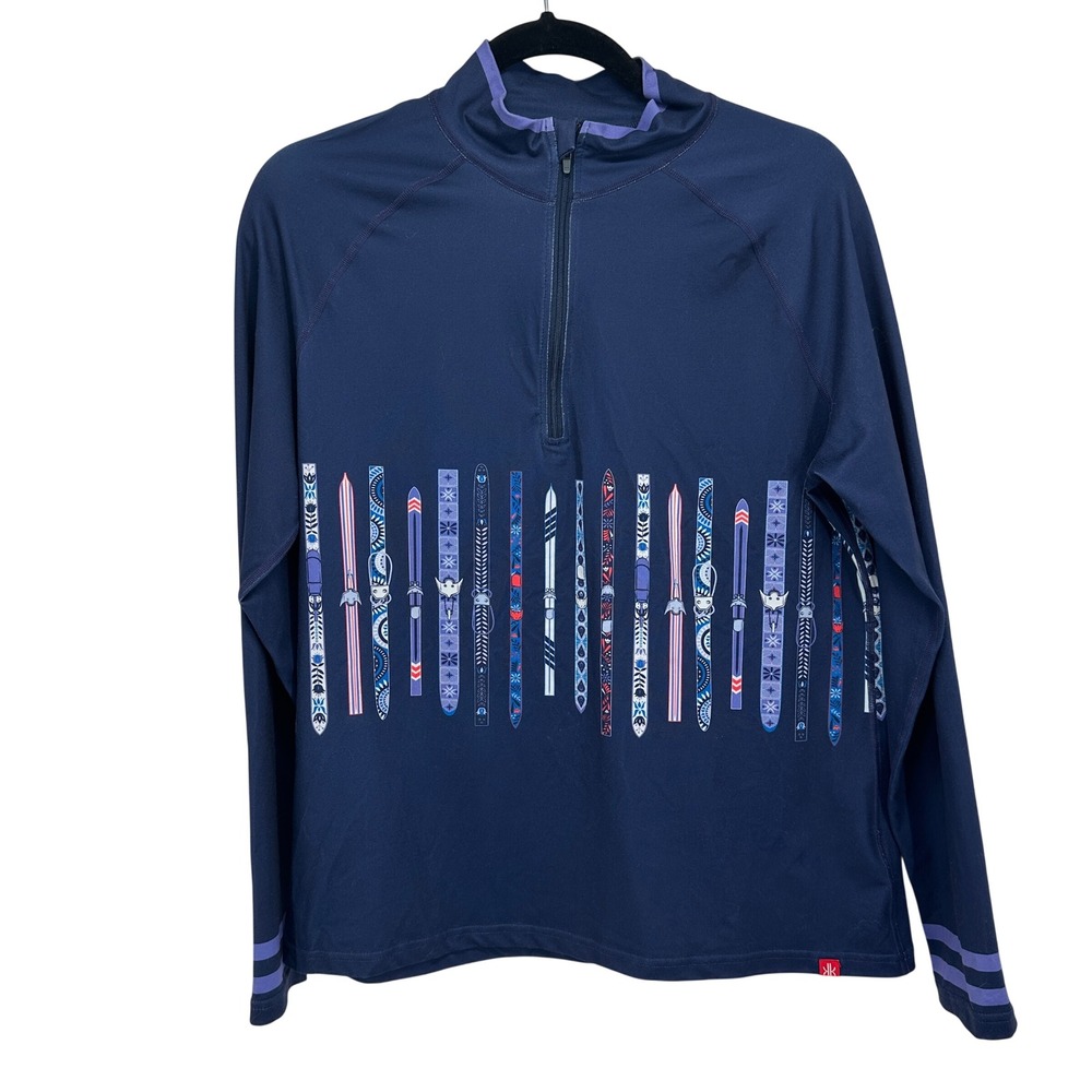 Krimson Klover Womens Large Ski Graphic Base Layer 1/4 Zip Pullover Navy Blue